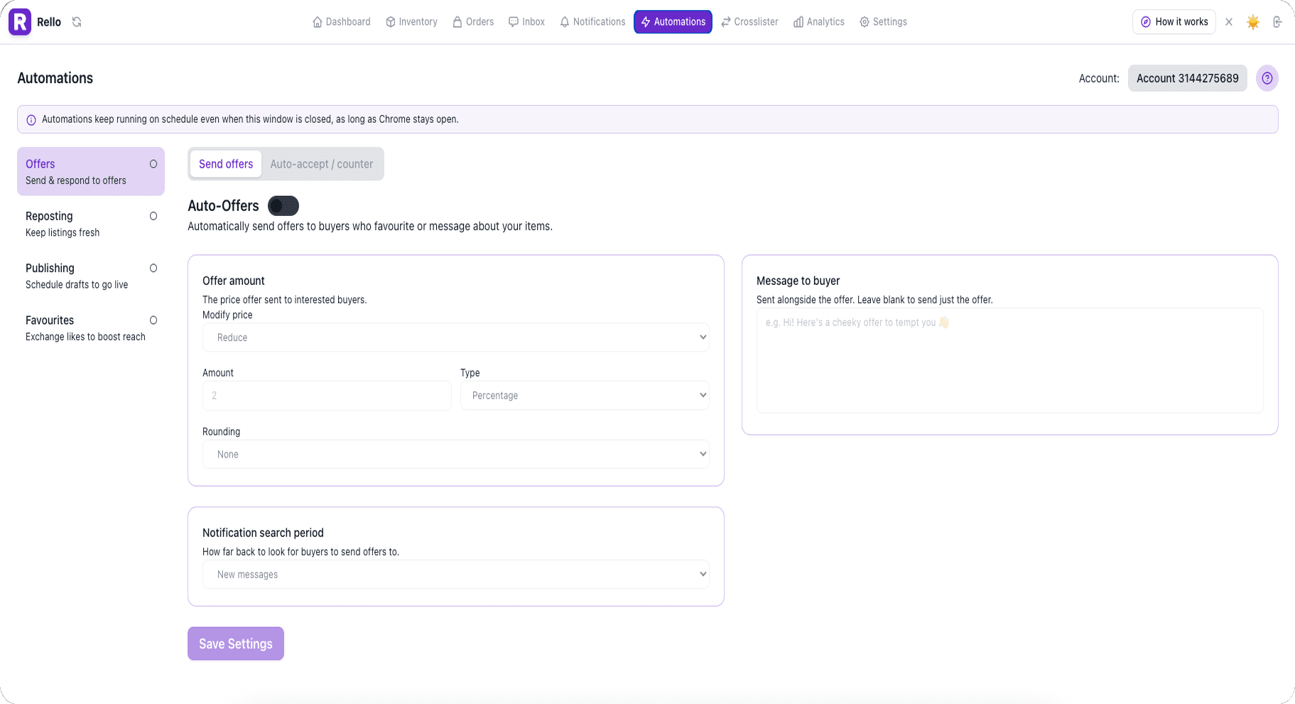 Rello Automations: auto-offers, reposting, publishing and favourites.