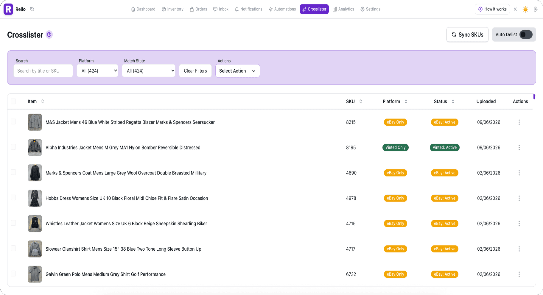 Rello Crosslister: sync SKUs, statuses, and crosslist items across platforms.