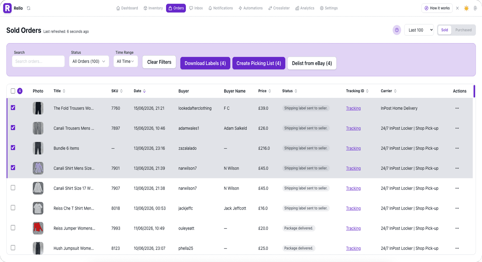 Rello Orders: sold orders with bulk Download Labels and picking list.